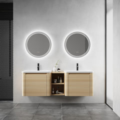 60'' Wall-Mounted Bathroom Vanity with White Ceramic Sink and Storage Shelves & 2-Soft-Close Door, KD-Packing, Plywood, American White Oak