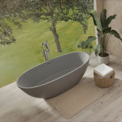 65" Freestanding Solid Surface Bathtub, Luxury Handcrafted Stone Resin Freestanding Soaking Bathtub with Overflow Pop-up Drain Sanding Sponge, Matte Grey GF-24S06-65MG