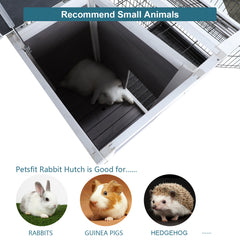 Two-Tier Wooden Rabbit Cage Outdoor Indoor for Small Animals with Runway and Leak-Proof Plastic Tray,Grey