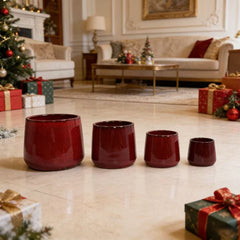 Handmade Ceramic Flower Pot Set of 4, 7/9/11/14 Inch Diameter, Deep Red Speckled Glaze for All Flowers, Indoor/Outdoor Use on Windowsill & Bookshelf, Breathable Clay