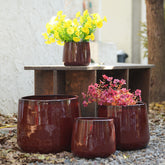 Handmade Ceramic Flower Pot Set of 4, 7/9/11/14 Inch Diameter, Deep Red Speckled Glaze for All Flowers, Indoor/Outdoor Use on Windowsill & Bookshelf, Breathable Clay
