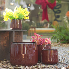 Handmade Ceramic Flower Pot Set of 4, 7/9/11/14 Inch Diameter, Deep Red Speckled Glaze for All Flowers, Indoor/Outdoor Use on Windowsill & Bookshelf, Breathable Clay