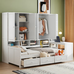 Twin Size Wooden Daybed With Three Drawers, and All-in-One Cabinet, Desk and Shelves, White