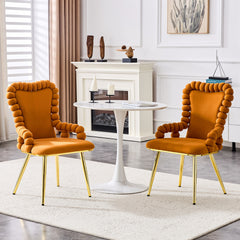 Set of 2 Orange Puffy Bubble Chair Ball Chain Chair Velvet Dining Chairs with Gold Legs, Upholstered Accent Chairs with Armrests for Dining Room & Kitchen