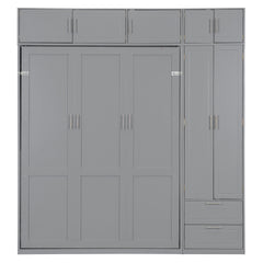 Queen Size Wall Murphy Bed with Top Cabinet,Shelves and Wardrobe, Space Saving Foldable Bed,Gray(old sku:N708S00022E)