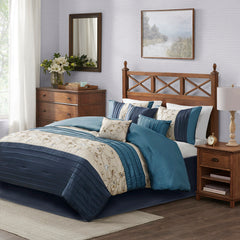 Embroidered 7 Piece Comforter Set Navy Queen