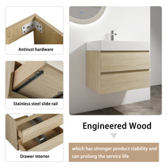 30" Wall-Mounted Bathroom Vanity With Resin Sink, 2-Soft Close Drawers, KD-Package