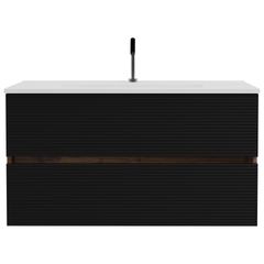 Gloria 36" Wall Mounted Soft Black & Walnut Bathroom Vanity with Integrated Ceramic Sink with Overflow, Large Storage Floating Bathroom Vanity for Modern Bathroom, KD