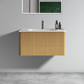 Etna 30" Striped Oak Bathroom Vanity with White Ceramic Sink, Wall Mounted Floating Bathroom Vanity for Modern Bathroom, KD