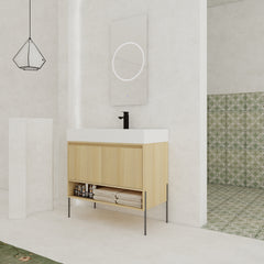 36" Bathroom Vanity Combo w/Single Resin Sink, Modern Storage Cabinet Set 2 Door, Multilayer solid wood, Oak