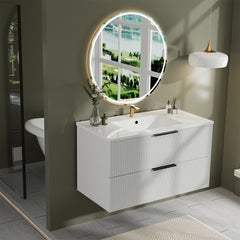36 Inch Bathroom Vanity Cabinet With Ceramic Sink - White Wall Mounted Floating Fluted Vanity With Drawers, Modern