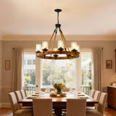 8 Light Rustic Wagon Wheel Chandelier,31"Wooden Pendant Light with Seeded Glass Shade, Industrial Chandeliers for Dining Room Kitchen lsland Foyer (Solid One-Piece Wood Frame Design)-NO INCLUDED BULBS