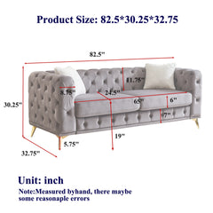 FX 82.5-inch Modern Luxury Velvet Sofa with Chesterfield Quilted Button Accents, Includes 2 Pillows and Metal Legs
