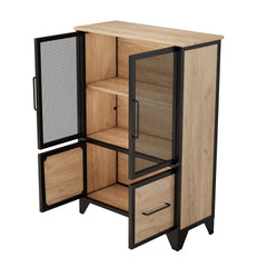 Storage Cabinet With 4 Iron Doors,Black Metal Handle,Sideboard With Adjustable Shelf,Black Sturdy Metal Frame and Metal Legs,Easy Assemble,For Living Room,Kitchen,Black+Natural