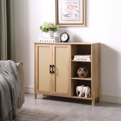 Mid-Century Modern Storage Cabinet with Woven Rattan Doors, Open Shelves & Adjustable Shelves - Perfect for Living Room & Dining Room