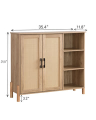 Mid-Century Modern Storage Cabinet with Woven Rattan Doors, Open Shelves & Adjustable Shelves - Perfect for Living Room & Dining Room