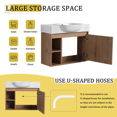 26'' Wall-Mounted Bathroom Vanity with White Ceramic Sink & Soft-Close Door, Plywood, KD-Packing