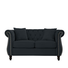 58.8" Chesterfield Sofa Black Velvet for Living Room, 2 Seater Sofa Tufted Couch with Rolled Arms and Nailhead for Living Room, Bedroom, Office, Apartment, two pillows