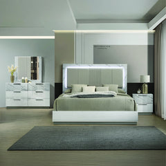 Mist Queen Bed – Two-Tone High-Gloss Marble & Lacquer Finish with LED Lighting, Padded Headboard (NJ Inventory)