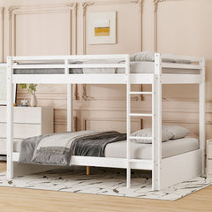 Wood Queen Size Bunk Bed with Ladder, White