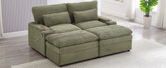 Loveseat Sofa 70.9" Free-combined Sectional Convertible Sofa Bed with Storage Space, Two Movable Ottomans, Four USB Ports and Two Cup Holders for Living Room, Green