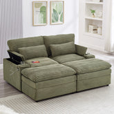 Loveseat Sofa 70.9" Free-combined Sectional Convertible Sofa Bed with Storage Space, Two Movable Ottomans, Four USB Ports and Two Cup Holders for Living Room, Green