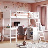 Twin size Loft Bed with Shelves and Desk, Wooden Loft Bed with Desk - White(OLD SKU:LT001537AAK)
