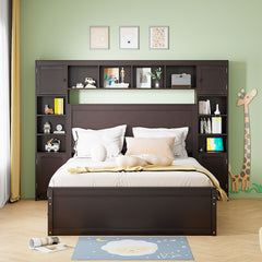 Queen Size Wooden Bed With All-in-One Cabinet, Shelf and Sockets,Twin XL Trundle,Espresso