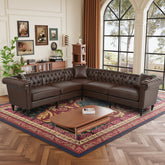 Sectional Sofa Couch for Living Room, L Shaped Reversible Modern Chesterfield Sofa with Rolled Arms and Nailhead, 5 Seat Tufted Couch for Small or Large Space(Dark Brown) PU Leather