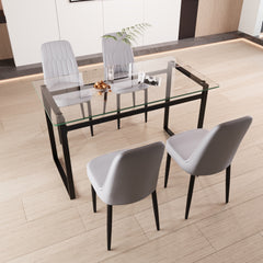 51" 4 person glass dining table set, kitchen set with black metal leg dining table and chairs, modern rectangular tempered glass tabletop and dining room thick cushioned PU dining chair