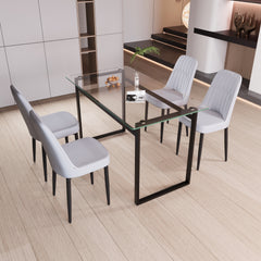 51" 4 person glass dining table set, kitchen set with black metal leg dining table and chairs, modern rectangular tempered glass tabletop and dining room thick cushioned PU dining chair