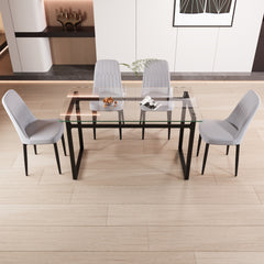 51" 4 person glass dining table set, kitchen set with black metal leg dining table and chairs, modern rectangular tempered glass tabletop and dining room thick cushioned PU dining chair