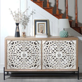 4 Door Wood Cabinet, Vintage Carved Wood 4-Door Cabinet with Metal Base Elegant Storage Sideboard for Living Room, Bathroom,Entryway and Kitchen