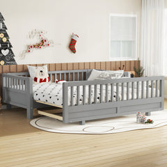 Twin Size Platform Bed with Guardrails, Solid Wood Twin Bed Frame, Can Be Converted into a Double Twin Platform Bed,Grey