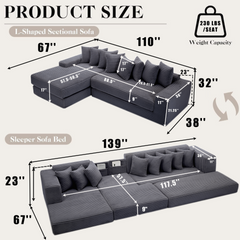 Oversize Cloud Couch, L-Shape Sofa, Convertible Floor Sleeper Sofa Bed, No Assembly ,Eight pillows,3-in-1,Side Pocket,(Left Facing Sofa),Corduroy,Dark Gray