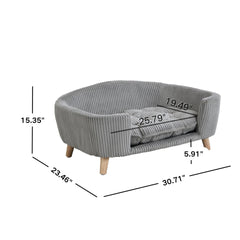 Elevated Dog Bed Frame for Small Dog, Corduroy Pet Couch Bed with Rubber Wood Legs and Supportive Foam, Grey, Easy Assembly