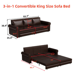 Chesterfield Sofa,93.7" King Pull Out Sofa Bed,3-in-1 Faux Leather Convertible Sleeper Sofa with Nailhead Trim & Rolled Arm,Multi-Functional Sofa Bed for Living Room,Dark Brown(old sku:W1885S00035)