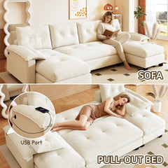 104.7" U-Shaped Sleeper Sofa with Pull Out Bed,2 in 1 Convertible Couch Bed with Removable Armrests & USB Ports,Oversized Sectional Modular with Chaise Lounge for Living Room//Apartment,Beige/white