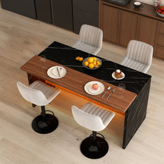 63" Modern Kitchen Island Set with 4 Gray Bar Stools - Black Marble Look Surface, LED Lighting & Grill Design for Dining Room, Open Concept Spaces, Lounge(4 Gray Bar Stools)