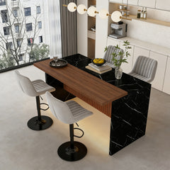 63" Modern Kitchen Island Set with 4 Gray Bar Stools - Black Marble Look Surface, LED Lighting & Grill Design for Dining Room, Open Concept Spaces, Lounge(4 Gray Bar Stools)