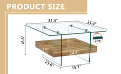31.4 Inch Modern Two-Tier Square Coffee Table -An Elegant Combination of Clear Glass and Light Wood Texture Sticker.It can be used not only as a coffee table but also as a side table or display stand.