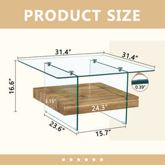 31.4 Inch Modern Two-Tier Square Coffee Table -An Elegant Combination of Clear Glass and Light Wood Texture Sticker.It can be used not only as a coffee table but also as a side table or display stand.