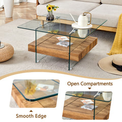 31.4 Inch Modern Two-Tier Square Coffee Table -An Elegant Combination of Clear Glass and Light Wood Texture Sticker.It can be used not only as a coffee table but also as a side table or display stand.