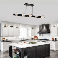 Rectangle Chandelier for Dining Room, 10-Light Black Farmhouse Linear Pendant Light Fixture, Modern Crystal Hanging Lighting Chandelier for Lobby, Kitchen, Bedroom, Living Room, Conference Room, Home