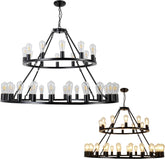 52 Inch Black Extra Large Wagon Wheel Chandelier, 2 Tier 36-Lights (24+12) +(12+24) Farmhouse Industrial Round High Ceiling Pendant Light Adjustable Chain, for Dining Room, Living Room,Kitchen