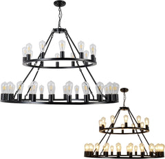 52 Inch Black Extra Large Wagon Wheel Chandelier, 2 Tier 36-Lights (24+12) +(12+24) Farmhouse Industrial Round High Ceiling Pendant Light Adjustable Chain, for Dining Room, Living Room,Kitchen
