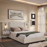 Queen Size Upholstered Bed Frame with Velvet Fabric, Vertical Stripe Design with Buttons Around Platform Bed with Headboard, Solid Frame & Bedside Table - No Box Spring Needed-Beige
