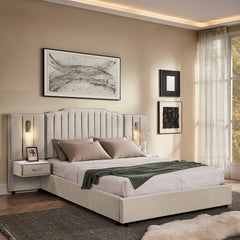 Queen Size Upholstered Bed Frame with Velvet Fabric, Vertical Stripe Design with Buttons Around Platform Bed with Headboard, Solid Frame & Bedside Table - No Box Spring Needed-Beige