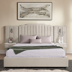 Queen Size Upholstered Bed Frame with Velvet Fabric, Vertical Stripe Design with Buttons Around Platform Bed with Headboard, Solid Frame & Bedside Table - No Box Spring Needed-Beige