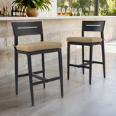 Modern Outdoor 2PC Bar Stools, Aluminum Patio Bar Chair with Ergonomic Backrest, Tapered Legs, Footrest, Ember Black, Sunbrella Cushion, Weather-Resistant, for Garden, Poolside, and Kitchen Island